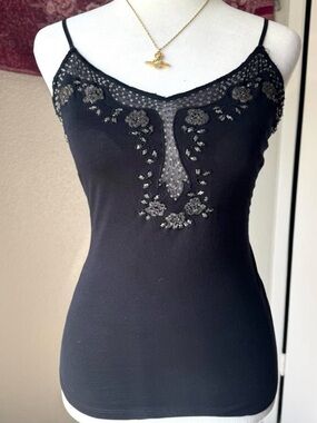Passport Black Beaded Y2K 2000s Whimsigoth Women's Medium Comfy Cami Top